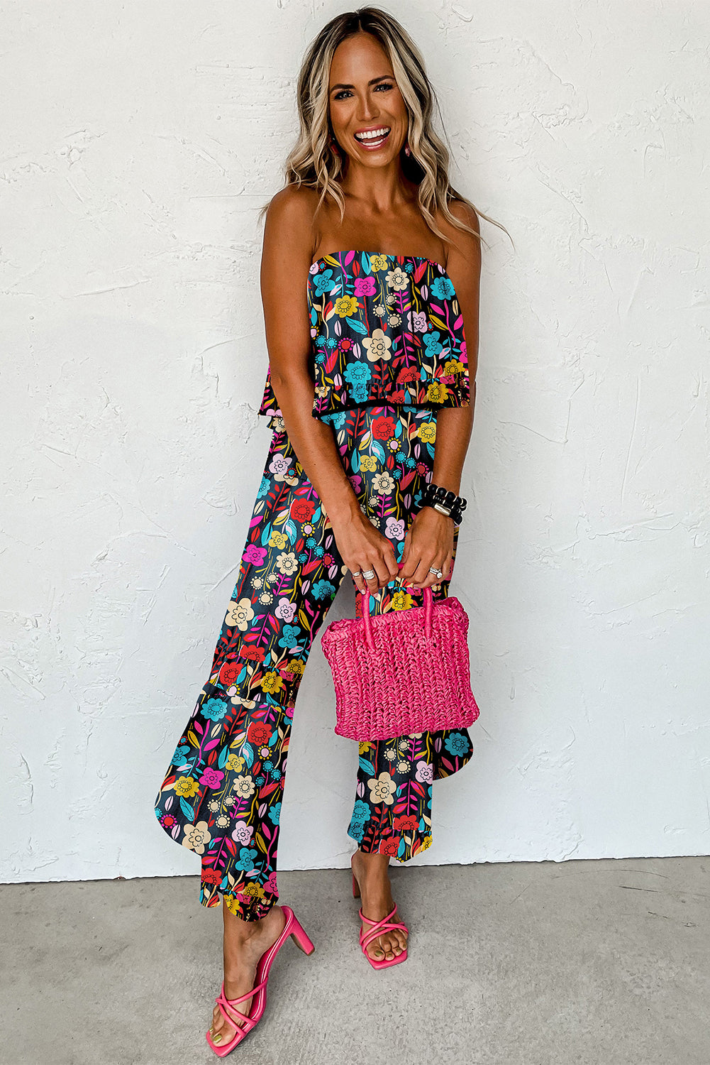 Red Mix Tropical Print trägerloser gekräuselter Jumpsuit