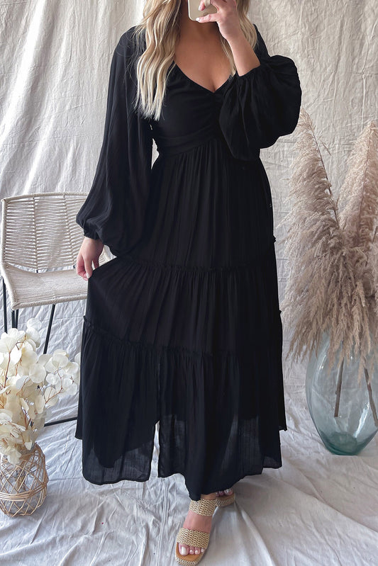 Black V Neck Bowknot Coupte Frill Tiered Maxi Robe