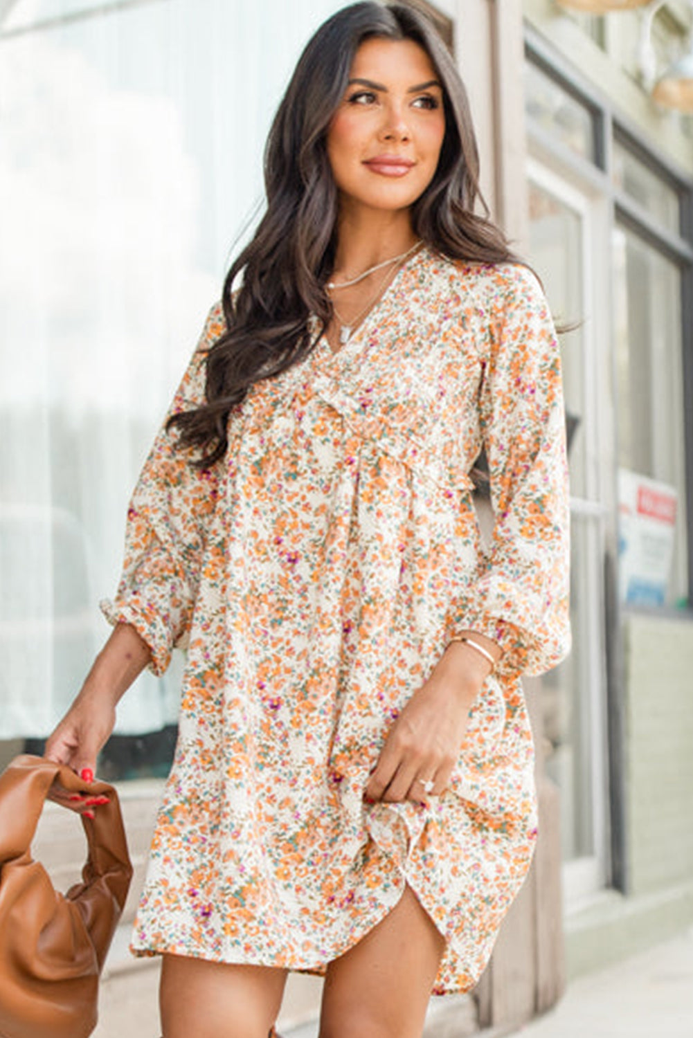 Yellow Floral V-Neck Ruffle Empire Waist Long Sleeve Boho Mini Dress