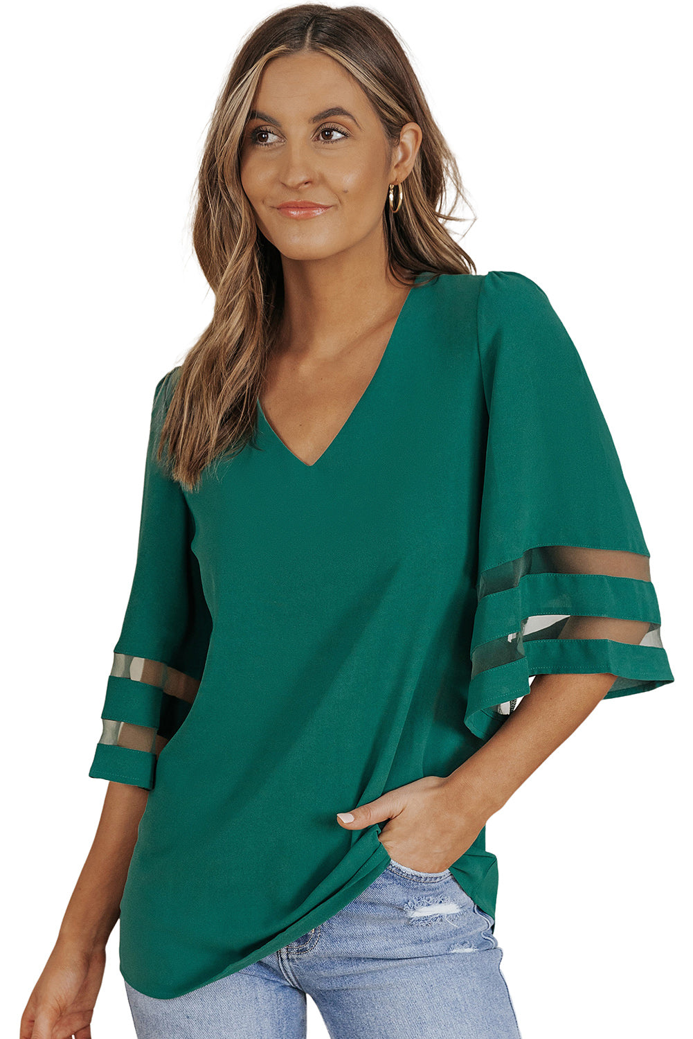 Green Flare Sleeve V Neck Loose Blouse