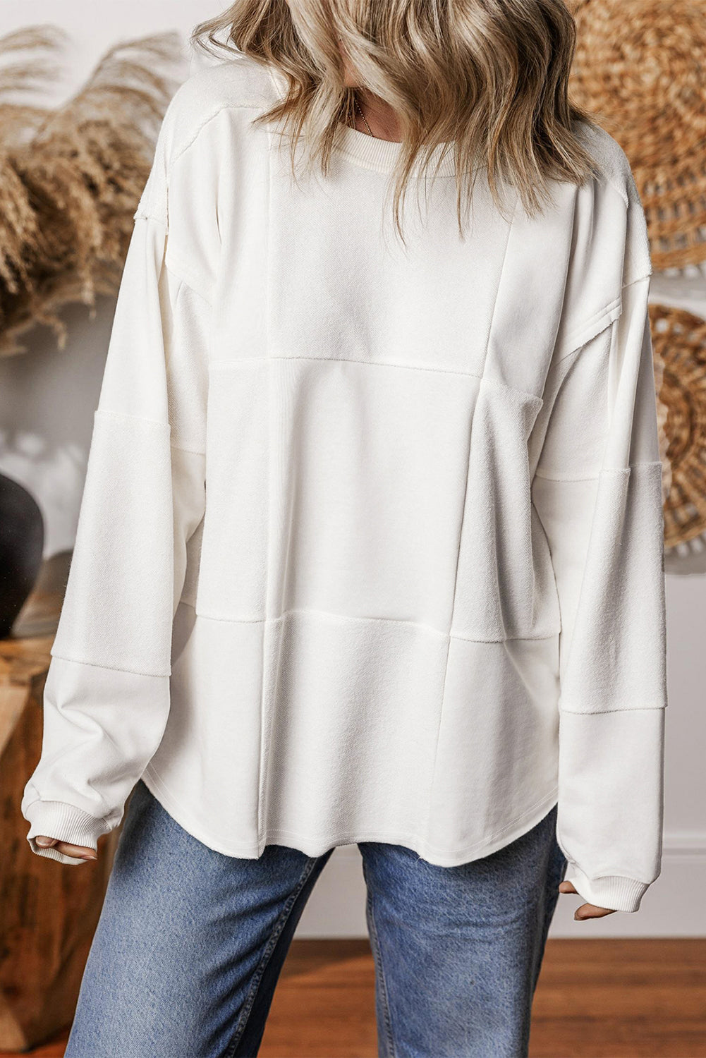 White Solid Color Patchwork Drop Shoulder Baggy Sweatshirt