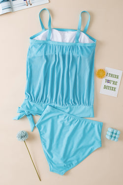 Turquoise striped mesh tank tankini jersey with knotted hem