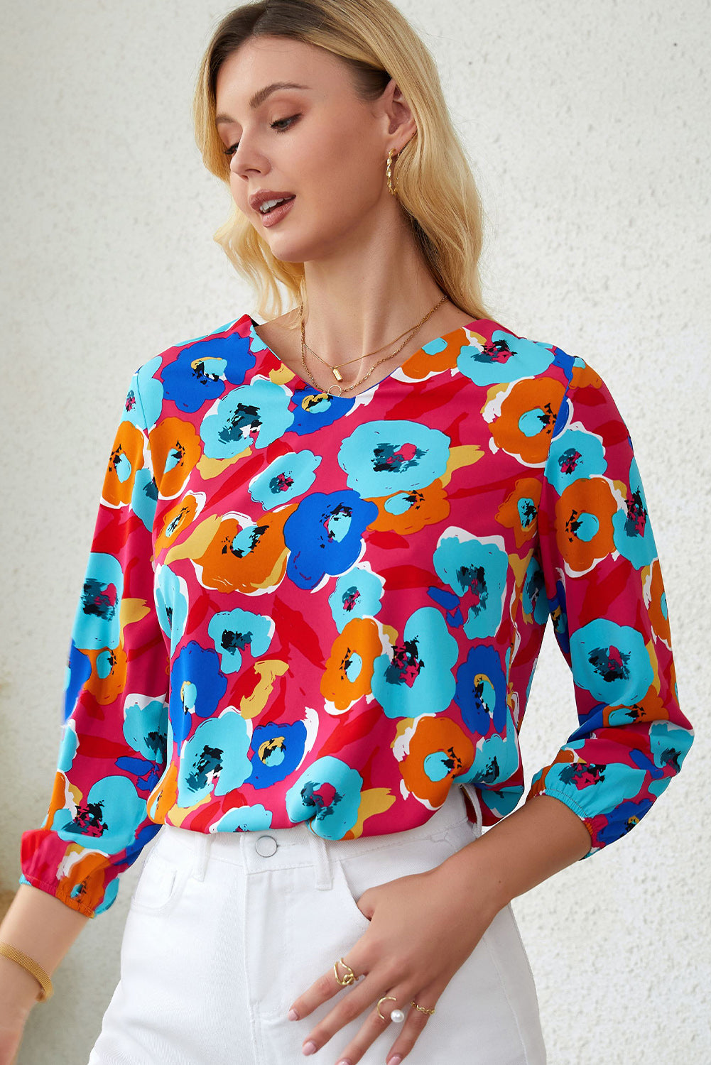 Rose Multicolor Floral Imprime en V Neck 3/4 Blouse à manches