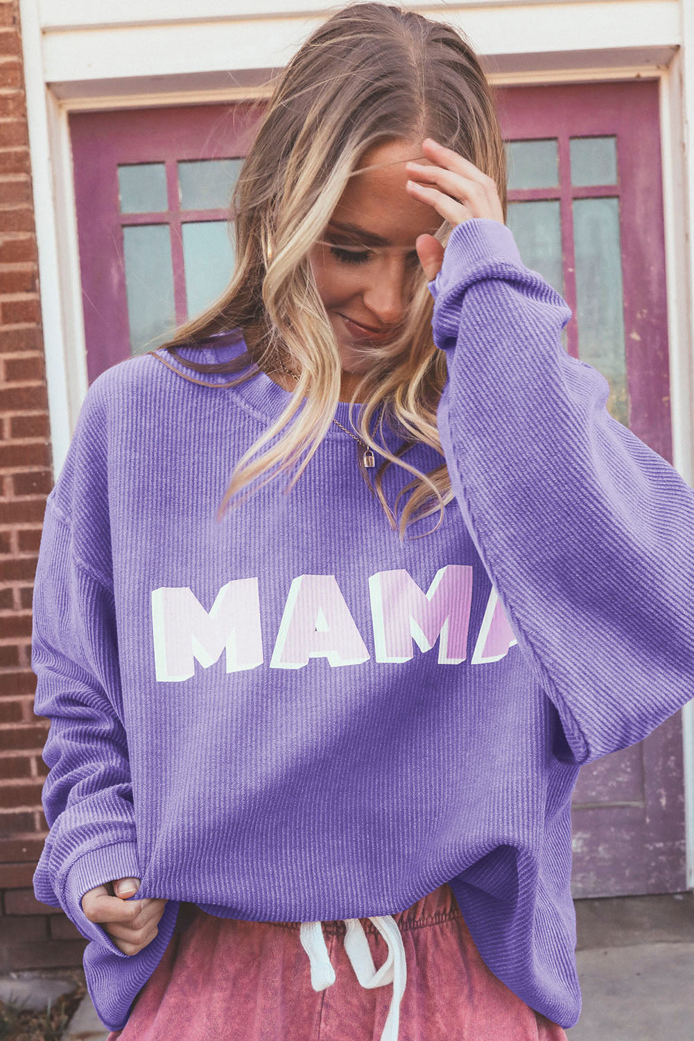 Purple Mama gerippte Crew Neck Pullover Sweatshirt