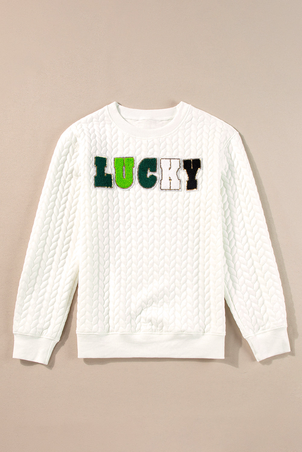 Sweat-shirt blanc en tricot torsadé brodé LUCKY Chenille