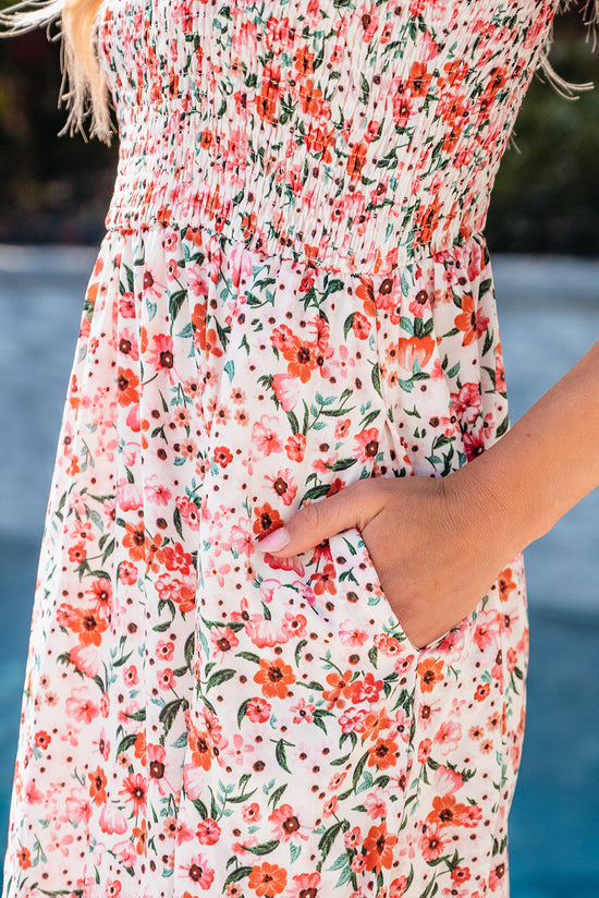 White long dress with ruffles and smocked floral bohemian style