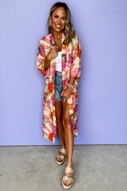 Pink floral print open front kimono with belt