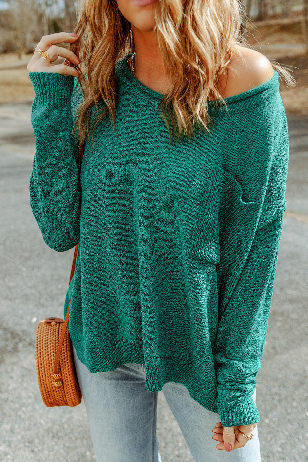 Pull en tricot côtelé à épaules dénudées de couleur unie vert avec poche