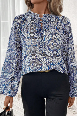 Tribal lace -up and ruffle print blouse *