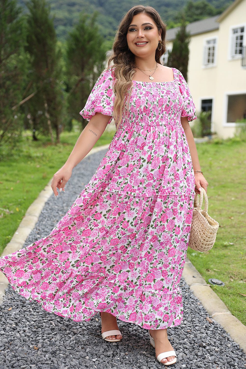 Robe Rose Smockée à Manches Bouffantes et Imprimé Floral de Grande Taille