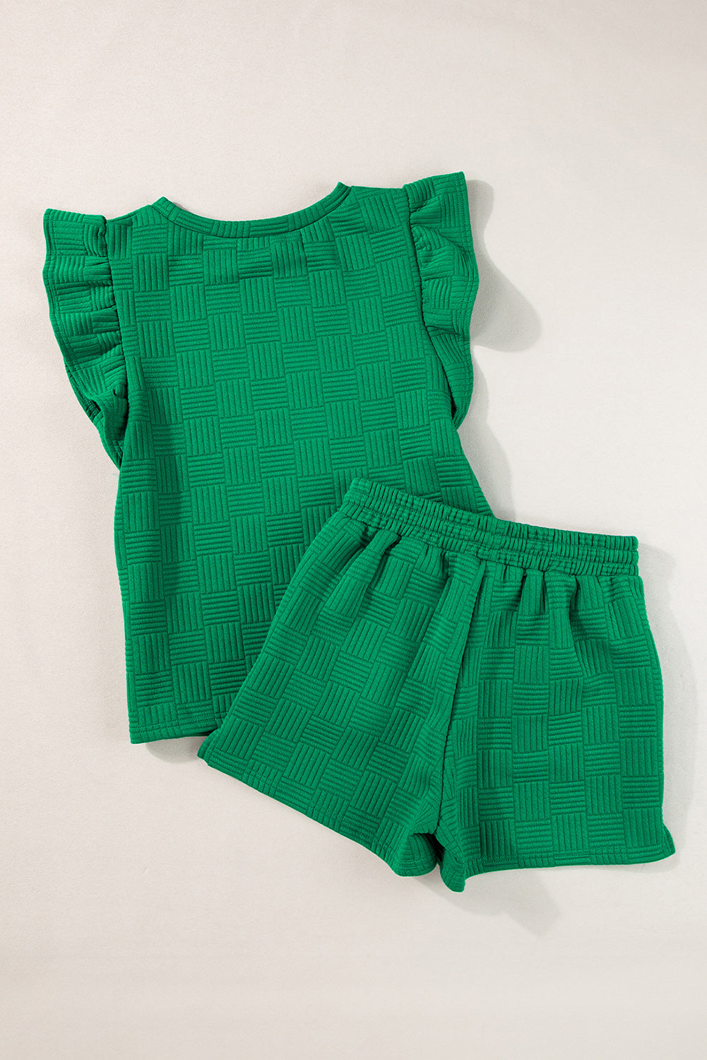 Ensemble t-shirt à manches volantées texturé vert vif et short à cordon de serrage-A WOMAN WE LOVE