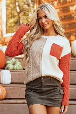 Drozing shoulder sweater and color pocket color block flame golden