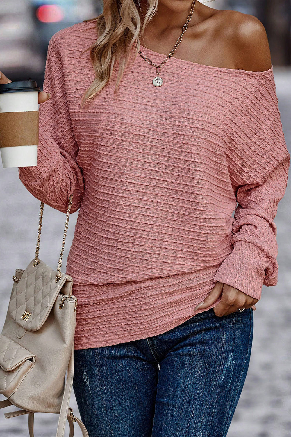 Haut à manches longues en tricot texturé vieux rose