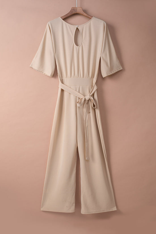 Apricot wide leg jumpsuit with bracelet sleeves