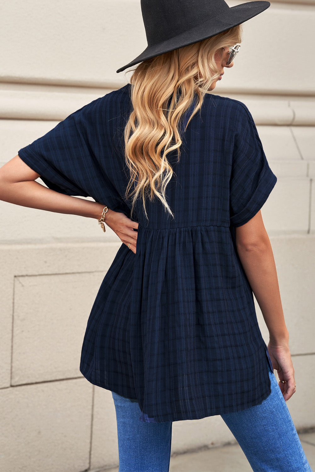 Navy Plaid Print Lose V Neck Kurzarmhemd mit Schlitzen