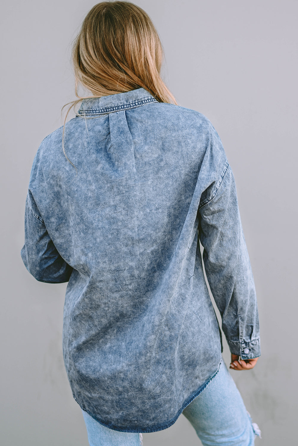 Sky Blue Vintage Washed Pocket Pocket Denim Shirt