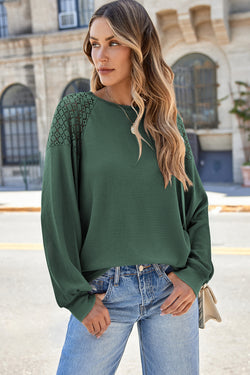 Green Lace Long Sleeve Textured Sweater