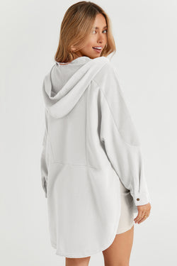 White Oversized Henley Hoodie with Side Pockets and Patchwork