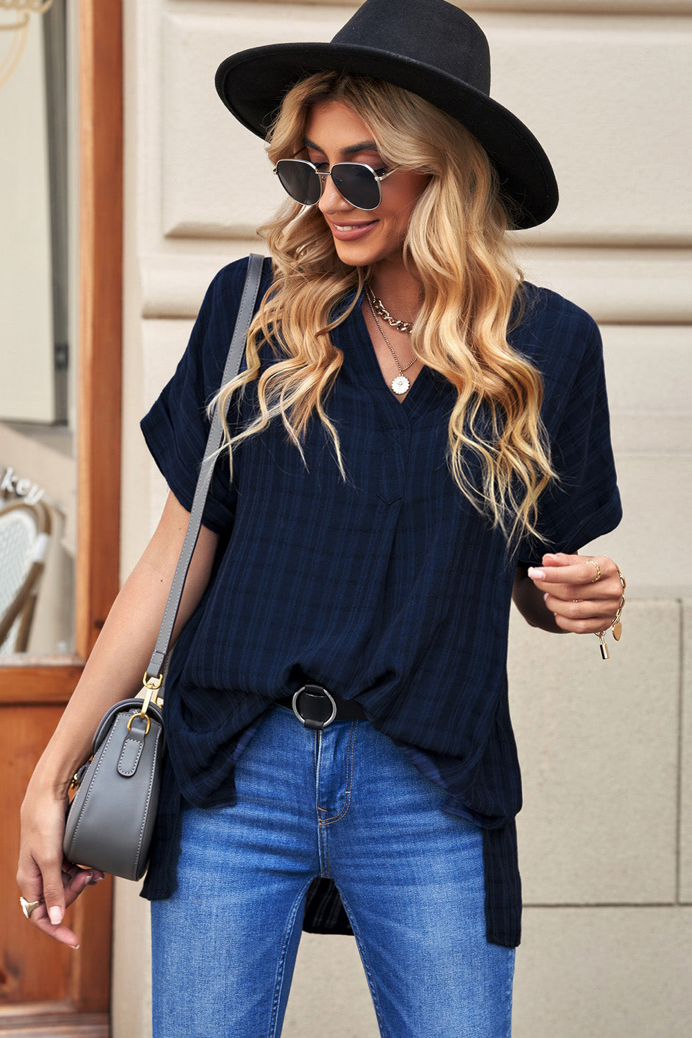 Navy Plaid Print Lose V Neck Kurzarmhemd mit Schlitzen