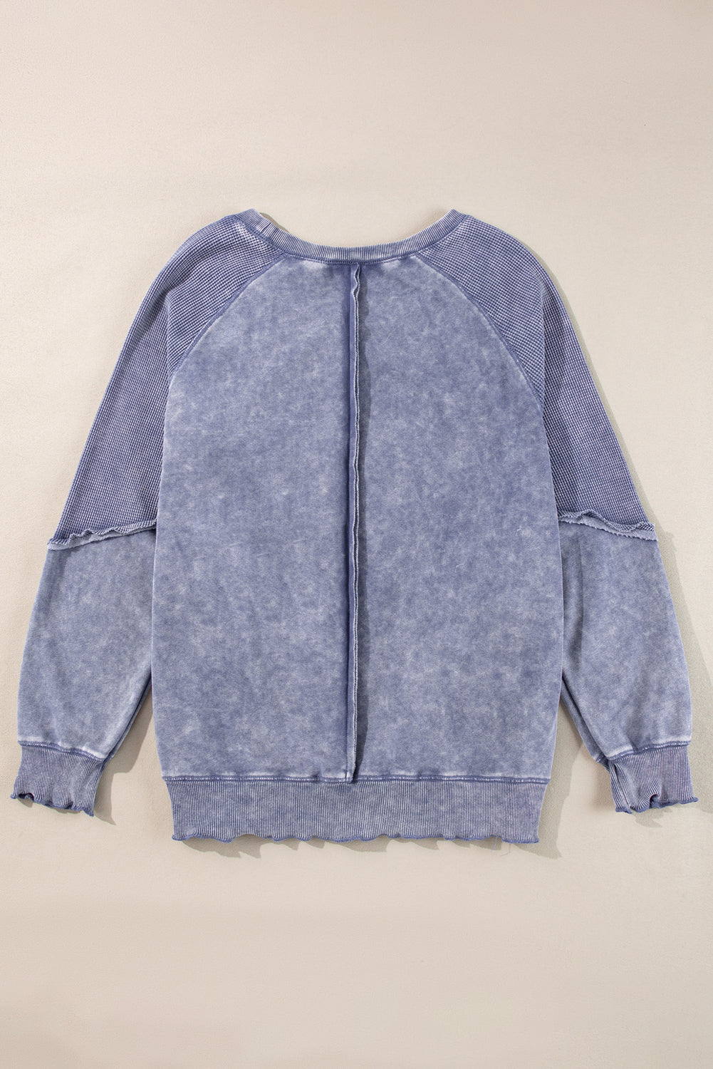 Sweat-shirt patchwork à manches raglan en tricot gaufré uni bleu voile