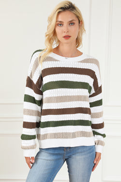 Striped crochet openwork knit sweater