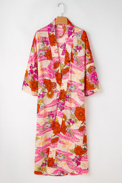 Pink floral print open front kimono with belt