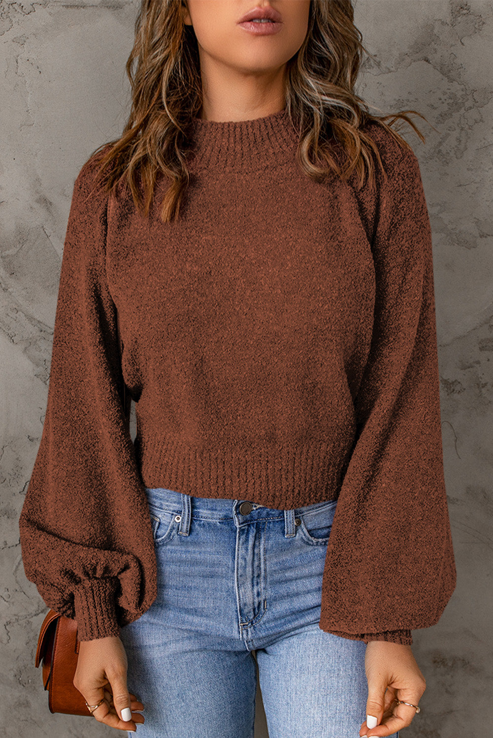 Brown Solid Color Lantern Sleeve Knitted Sweater