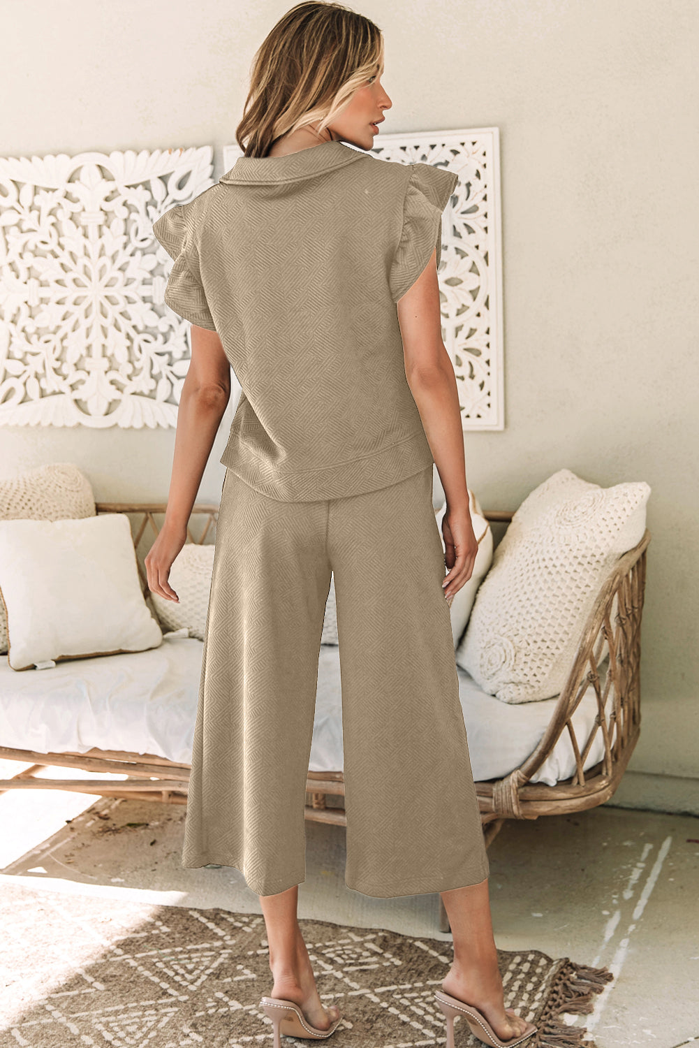 Pale Khaki Textured Top and Wide Leg Pants Set with Flutter Sleeves