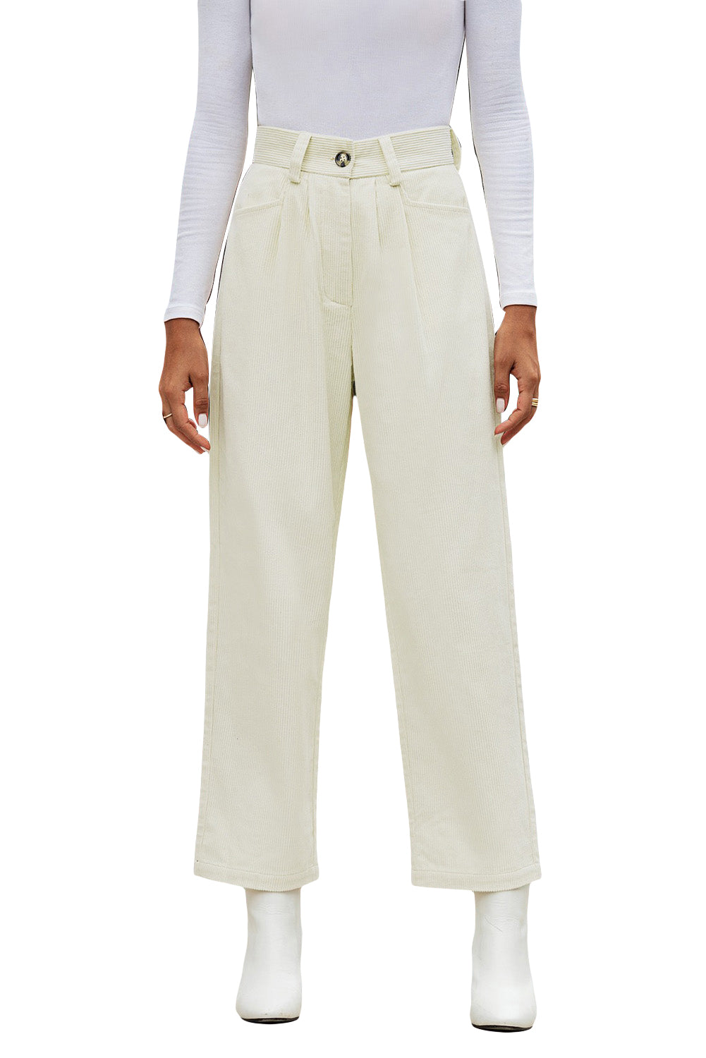 Pantalon droit taille haute en velours côtelé beige