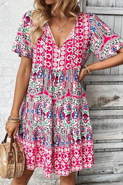 Bohemian short pink dress with knotted collar and ruffle hem