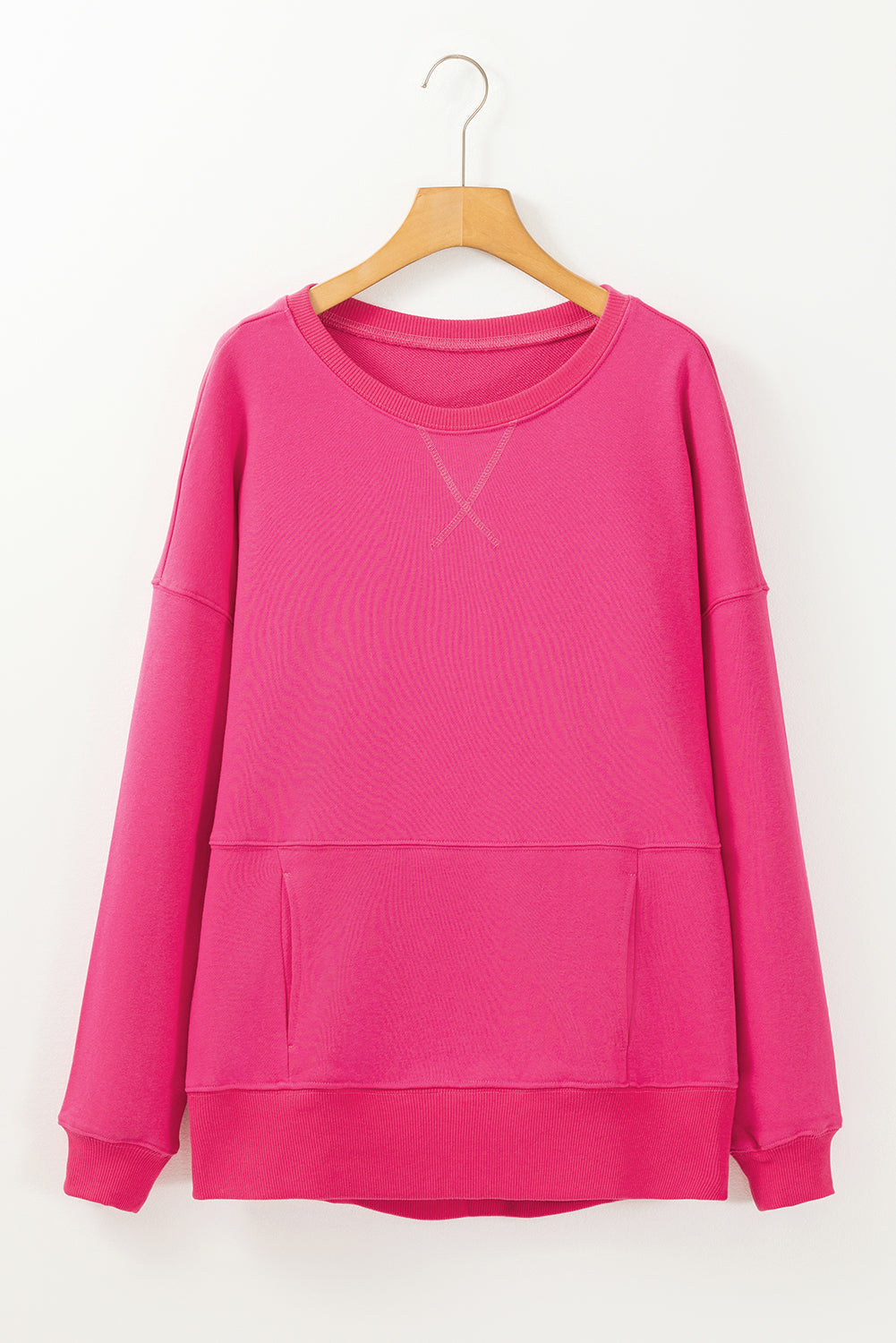 Loose Fit Pocket Sweatshirt with Cross Stitching and Dropped Shoulders Rose Red