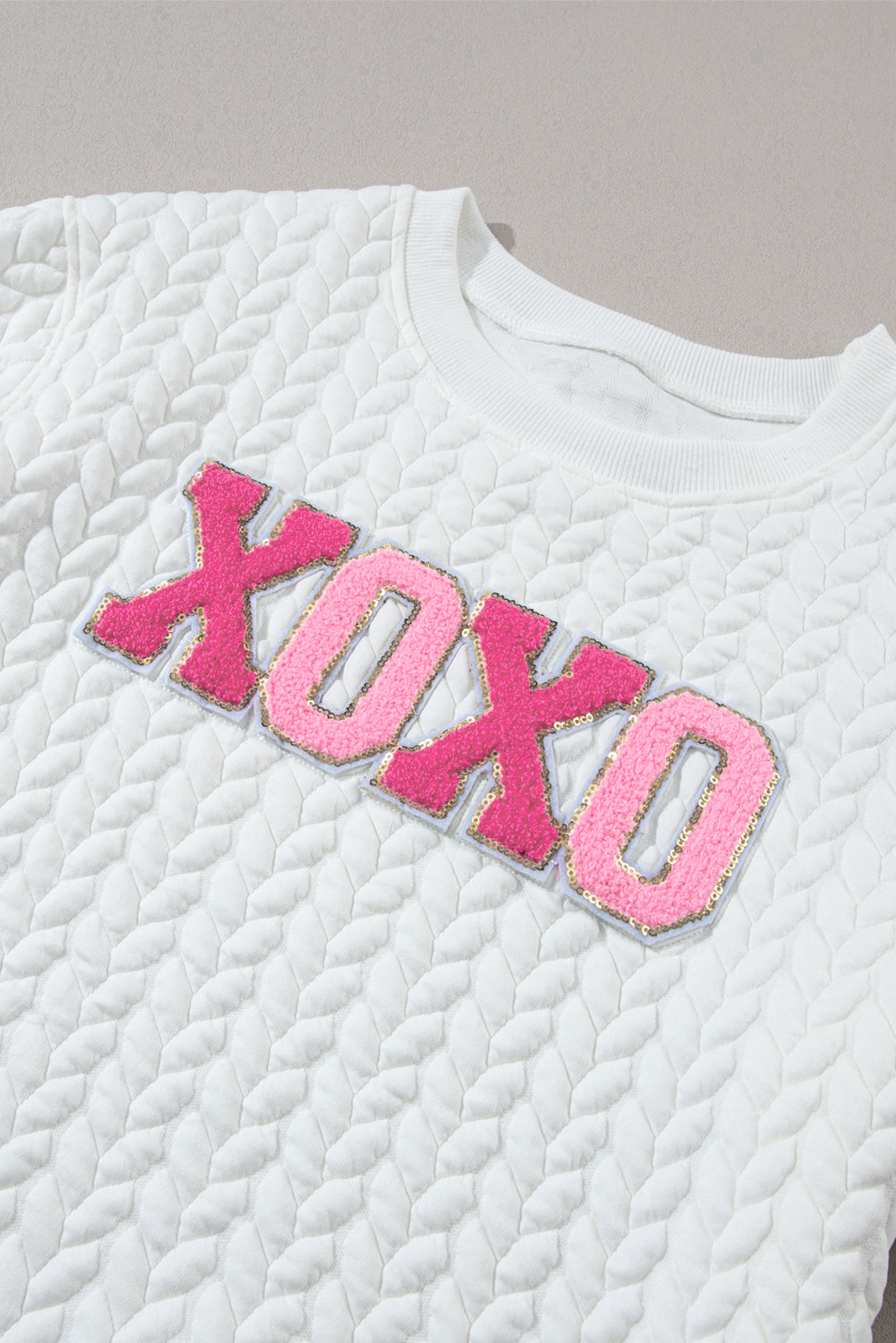 White XOXO Glitter Chenille Cable Knit Pullover Sweatshirt