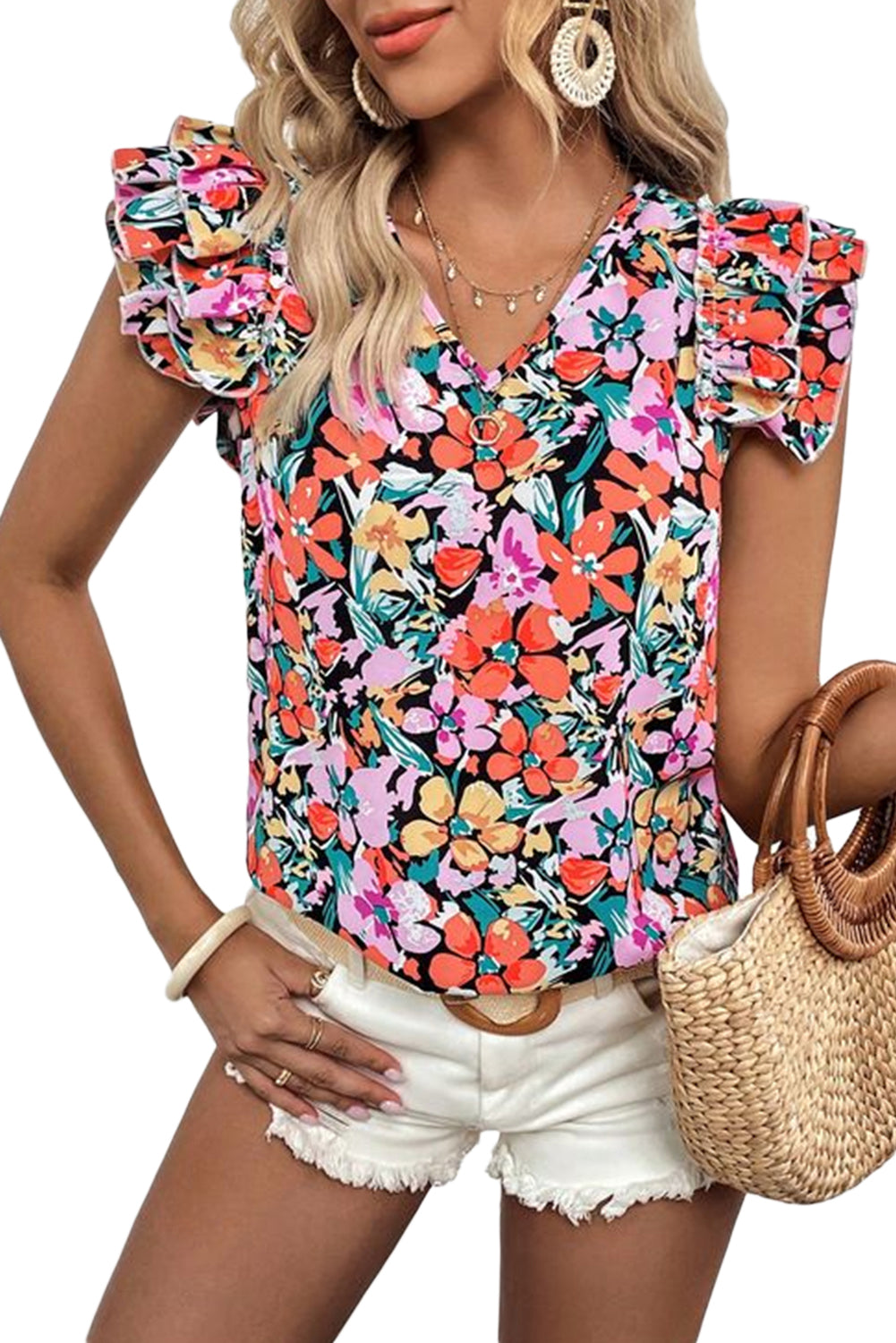 Blusa floral de manga con volantes con niveles multicolores