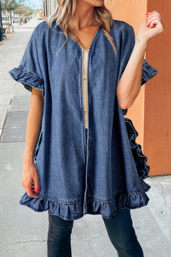 Dusk Blue Chambray Open Front Loose Kimono with Ruffle Hem and Half Sleeves