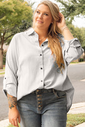 White shirt buttoned with rolled up and striped sleeves, large