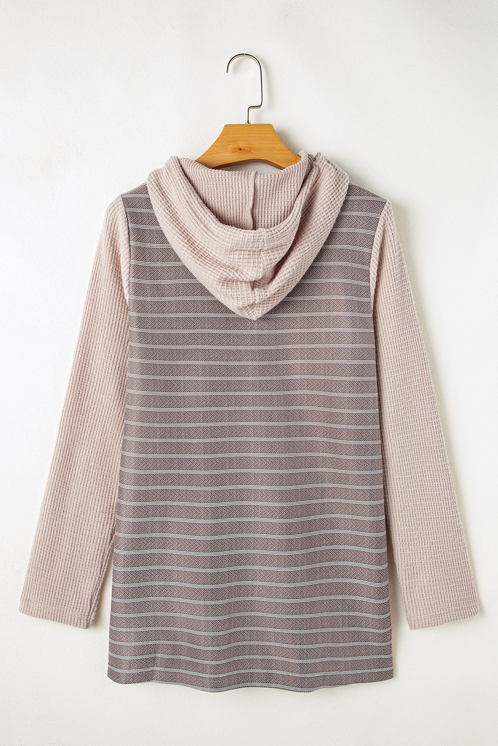 Grey Textured Knit Color Block Striped Henley Hoodie Top