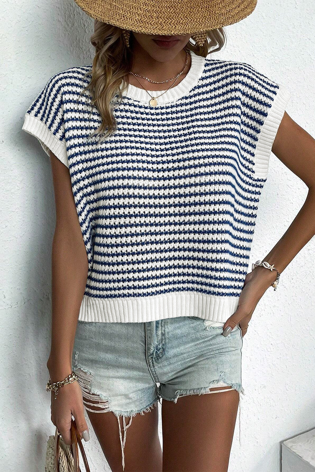 Blue Stripe Rippes Tric Lose Fit Strick -Pulloverweste