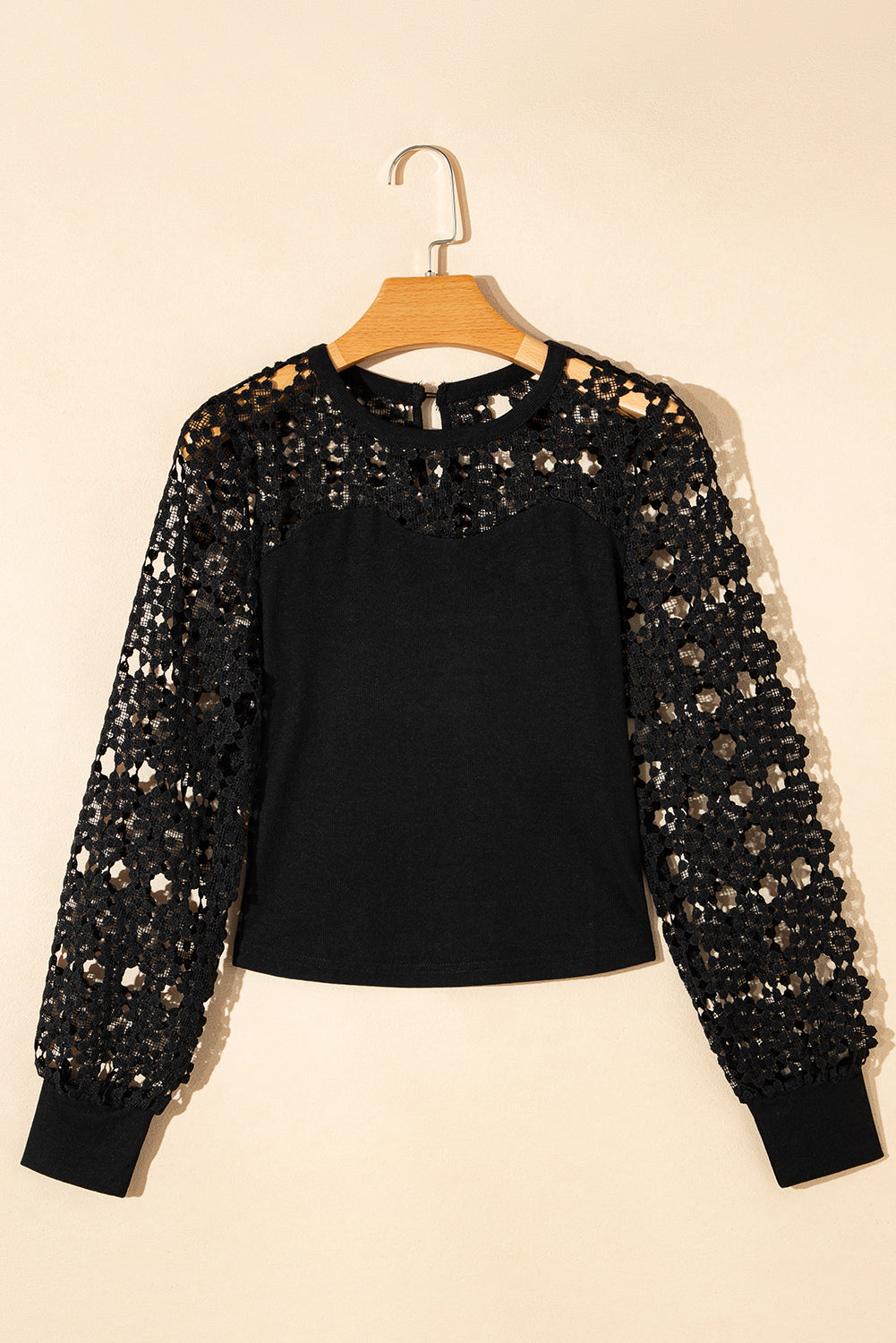 Black Hollowed Floral Lace Splicing Long Sleeve Top