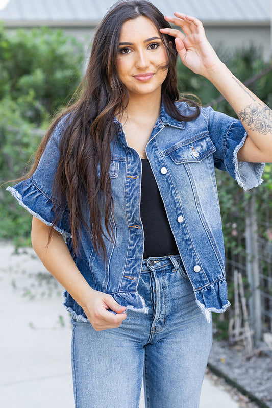 Veste en jean à manches courtes et à volants bleu paon