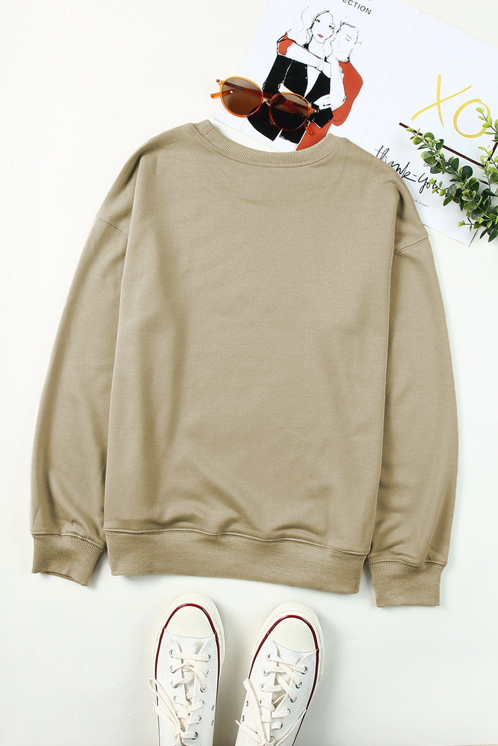 Khaki Plain Crew Neck Pullover Felpa