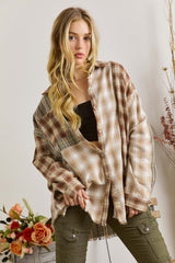Chemise décontractée à bords bruts et patchwork à carreaux multiples marron-A WOMAN WE LOVE