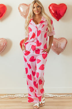 Ensemble pyjama pantalon à manches courtes rose coeur classique Saint-Valentin