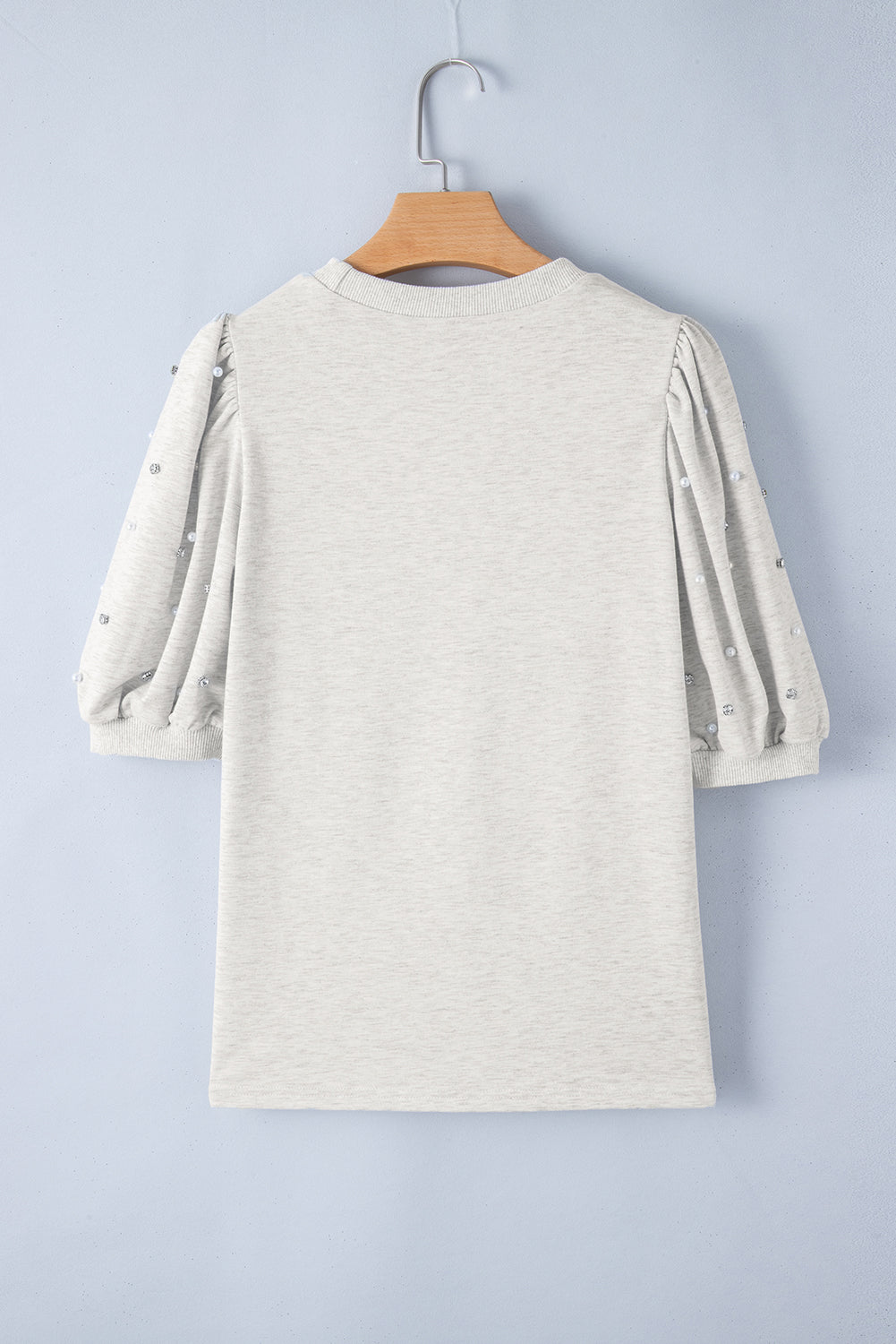 Light gray high with mid-long puffing sleeves with pearls and rhinestones