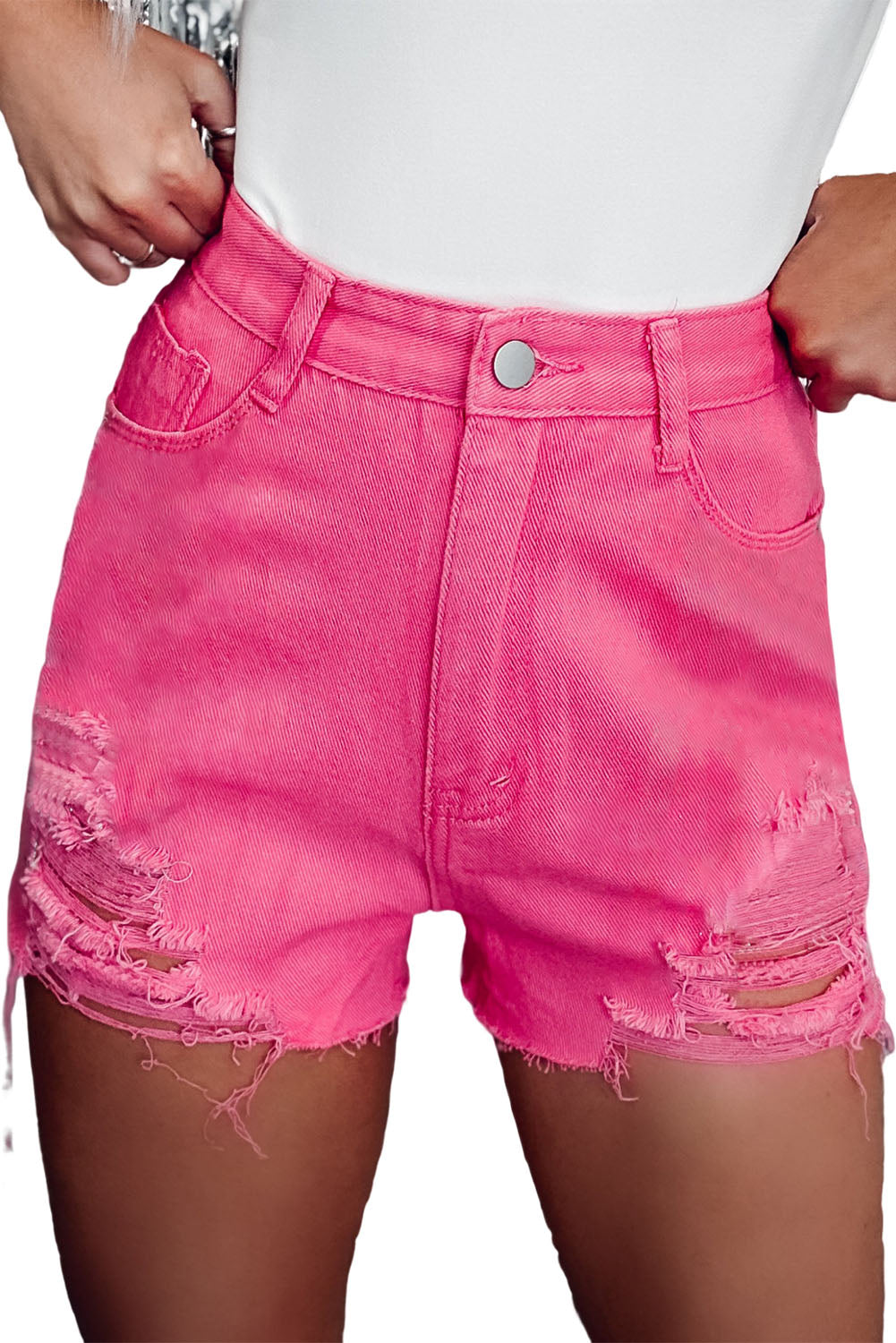 Rose - Short en jean taille haute coupe slim effet vieilli