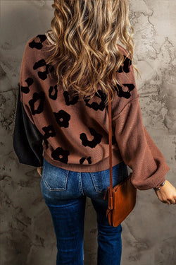 Coffee Leopard Print Color Block Sweater