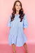 Sky blue striped button-down shirt dress, bubble sleeves, chest pockets