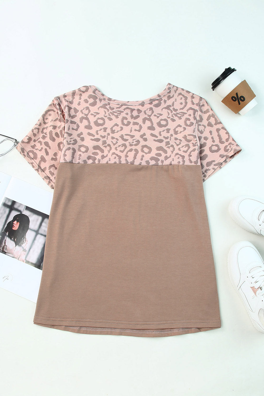 Khaki Leopard Joch Farbblock T -Shirt