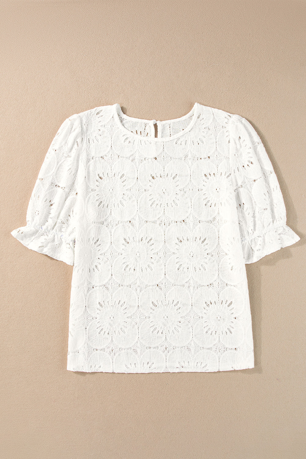Blanco con mangas de volante y orificio de bloqueo Jacquard con ojales y flores
