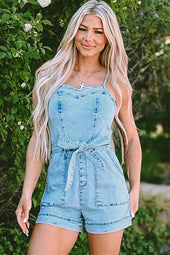 Beau Blue Spaghetti Strap Belted Denim Romper