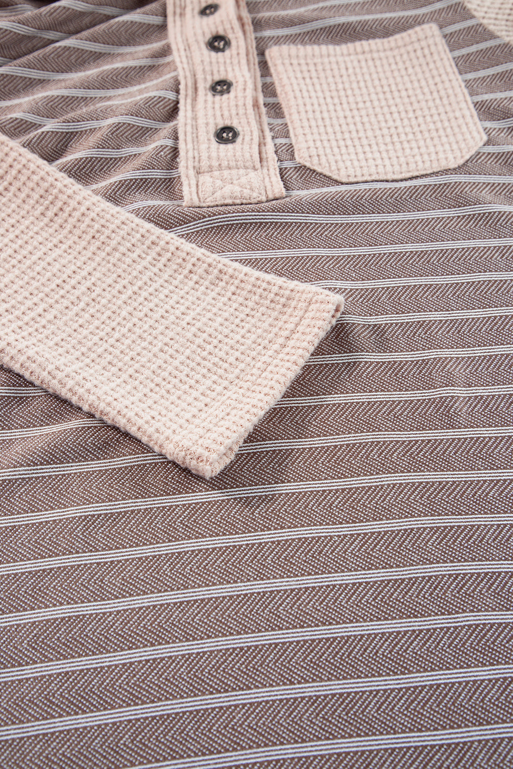 Grey Textured Knit Color Block Striped Henley Hoodie Top